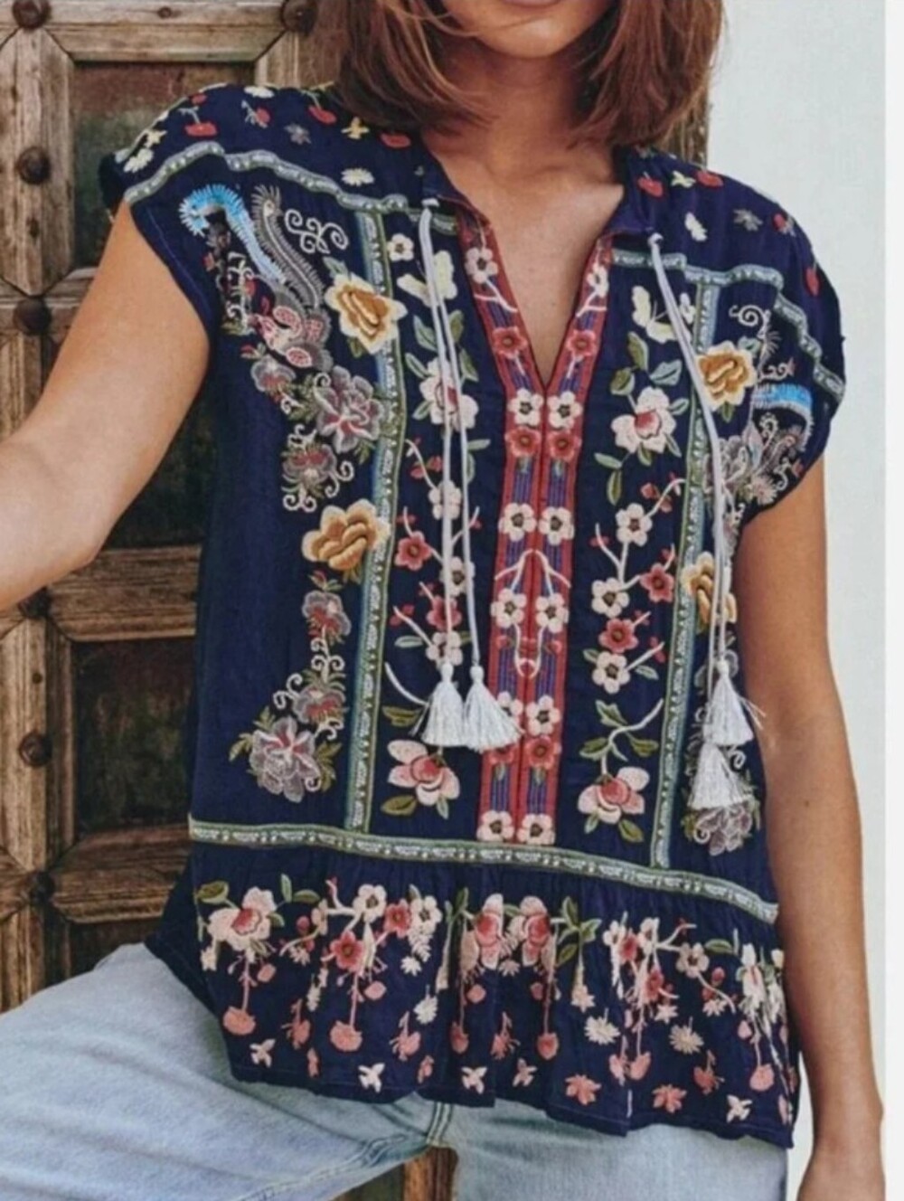 Johnny Was💠 Talon Navy + Floral Embroidered Tassel V-Neck Boho Top Size Small